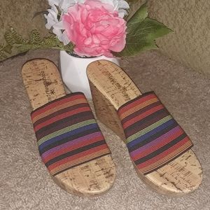 Montego Bay Club Size 8.5, Multi-Color Stripe Print Fabric Wedge Cork Sandals